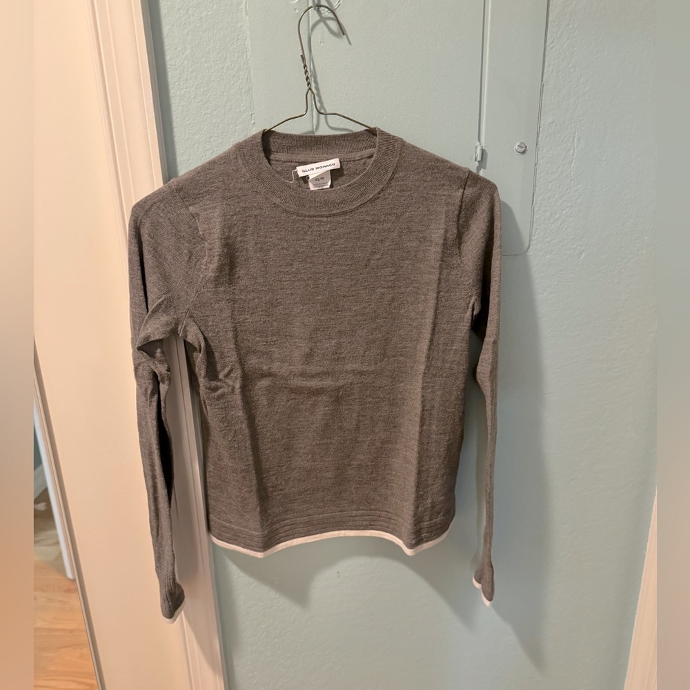 Club Monaco 100% Extra Fine Merino Wool Brown Sweater with Cream Trim